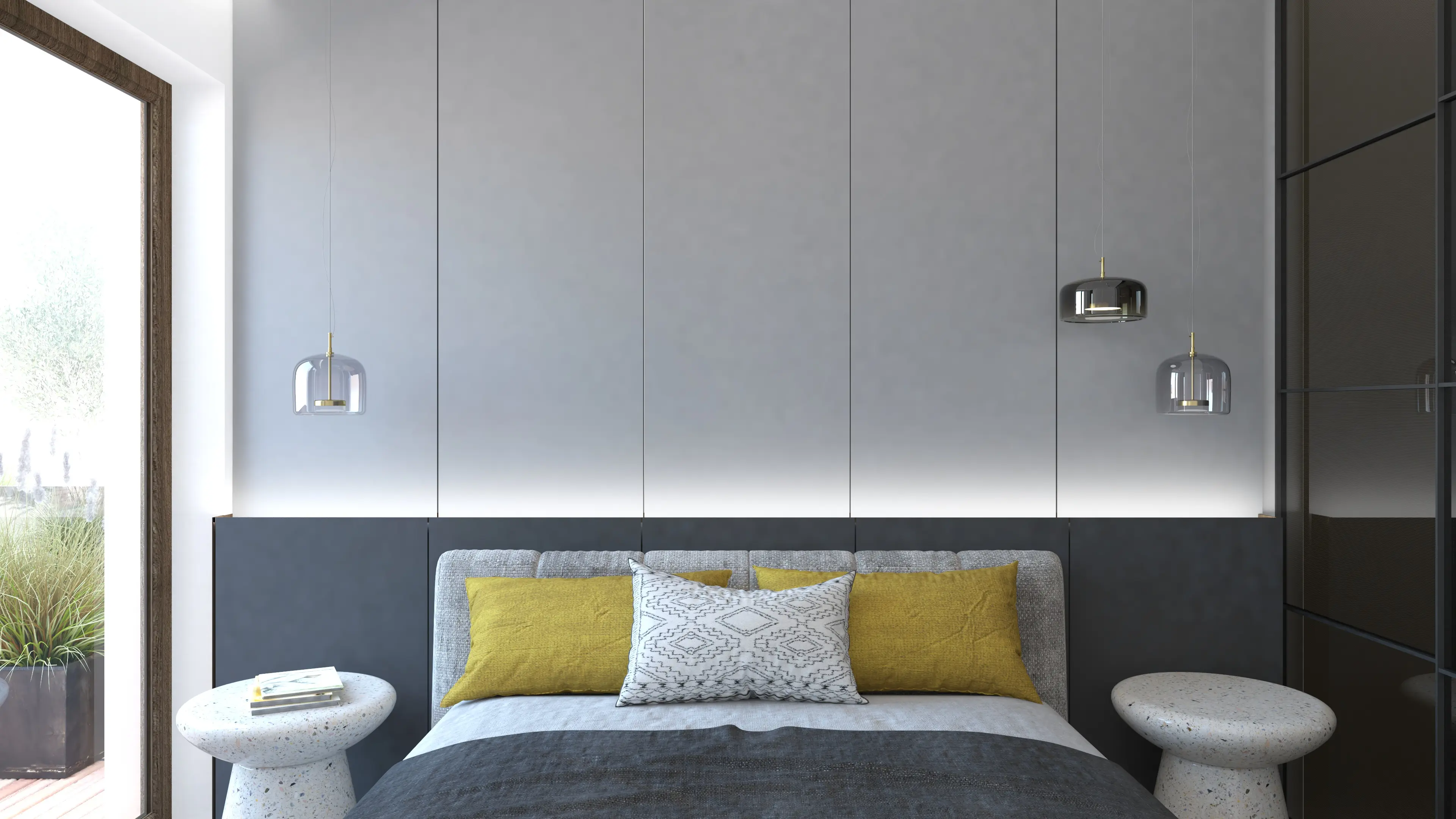 nowoczesna sypialnia z musztardowymi poduszkami